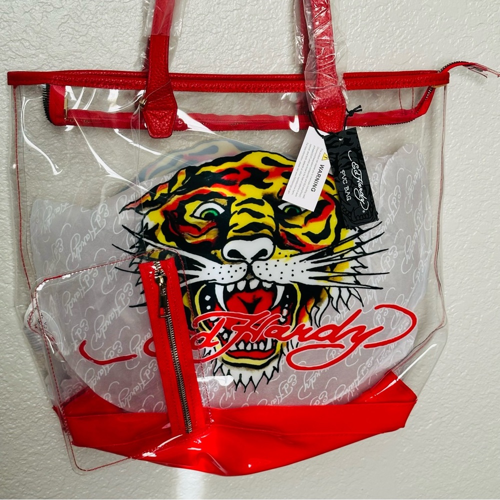 Ed Hardy Tiger Clear Red Tote Bag with Matching Pouch – NWT - Picture 5 of 7